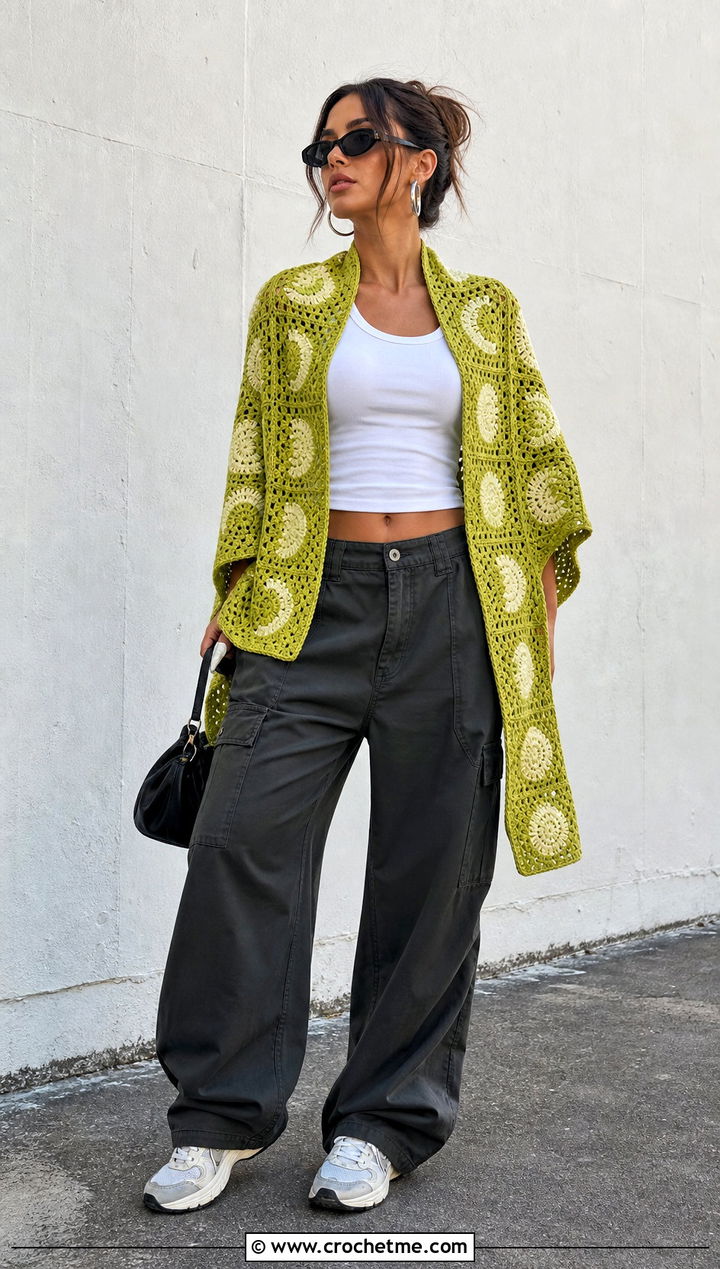 Granny Square Moon Phase Shawl With Cargo Pants - 15 Crochet Moon Shawl outfit ideas