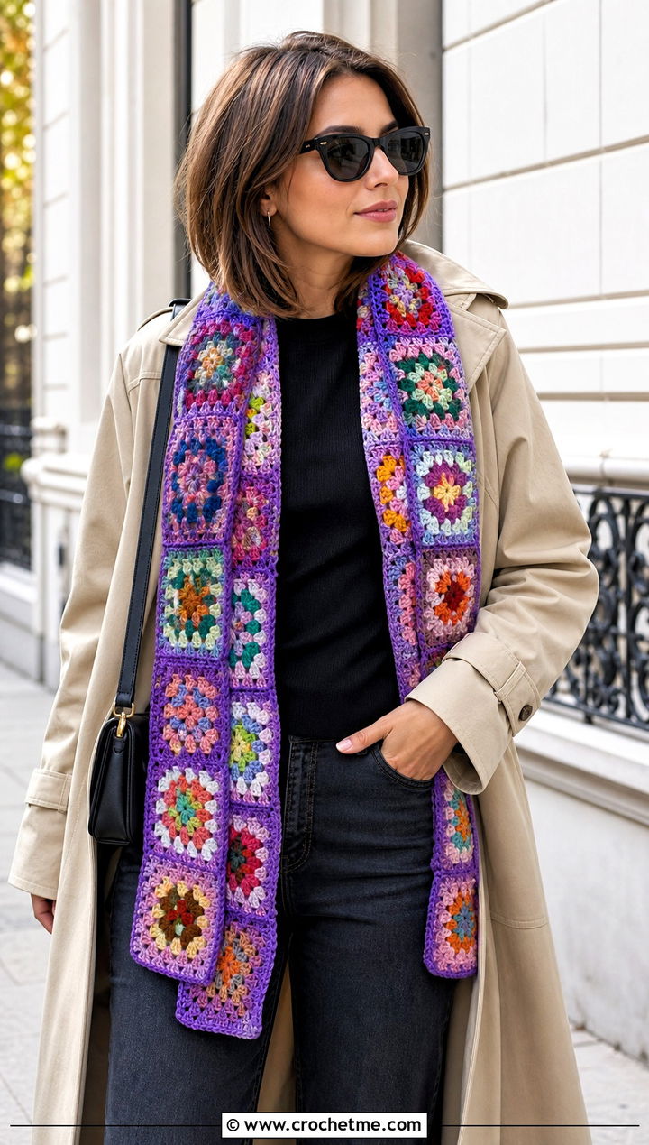 Granny Square Motif Sampler Scarf With Trench Coat - 20 Crochet Stitch Sampler Scarf outfit ideas