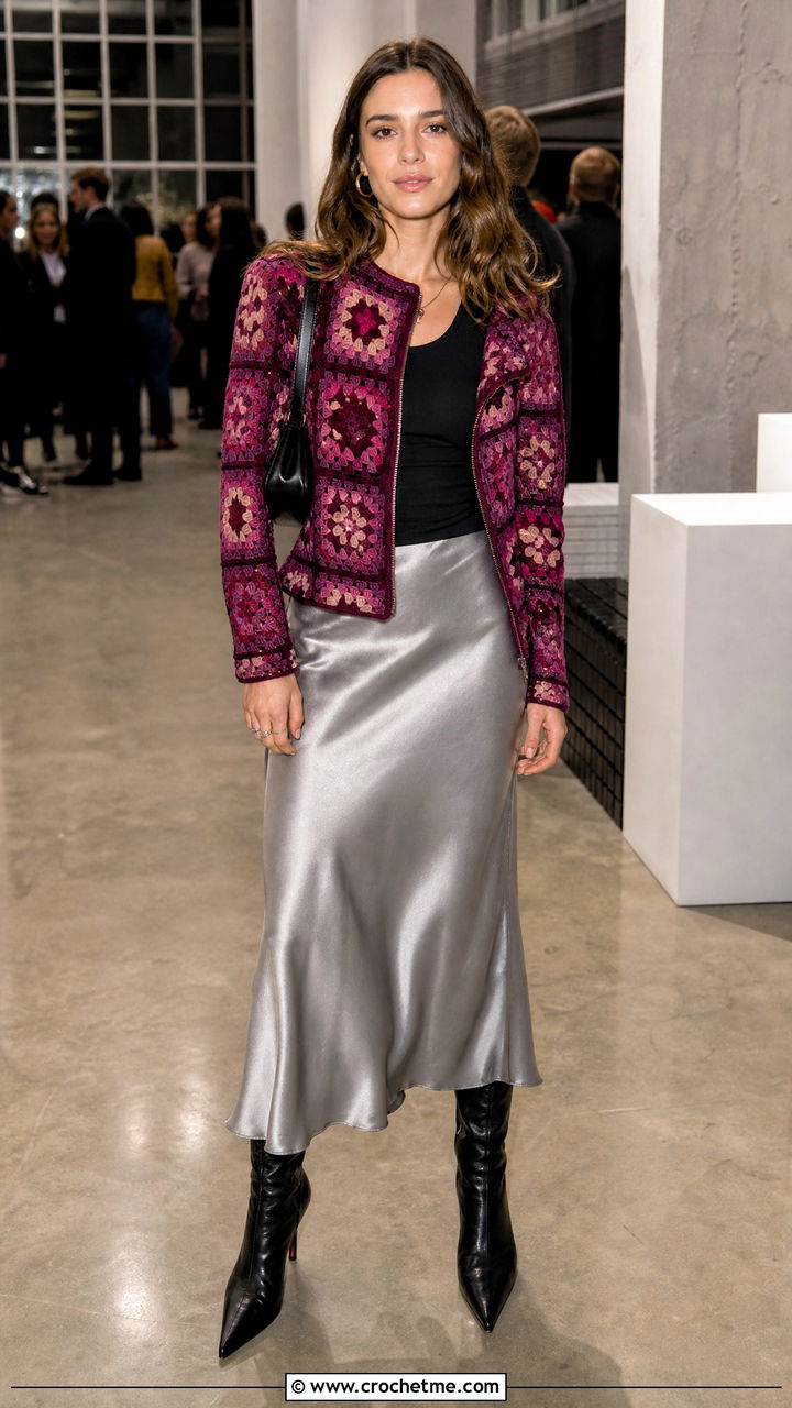 Granny Square Moto Jacket With Satin Slip Skirt - 35 granny square jacket outfit ideas