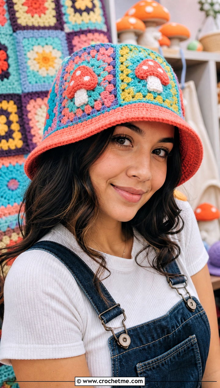 Granny Square Mushroom Crochet Hat With Overalls - 25 mushroom crochet hat outfit ideas
