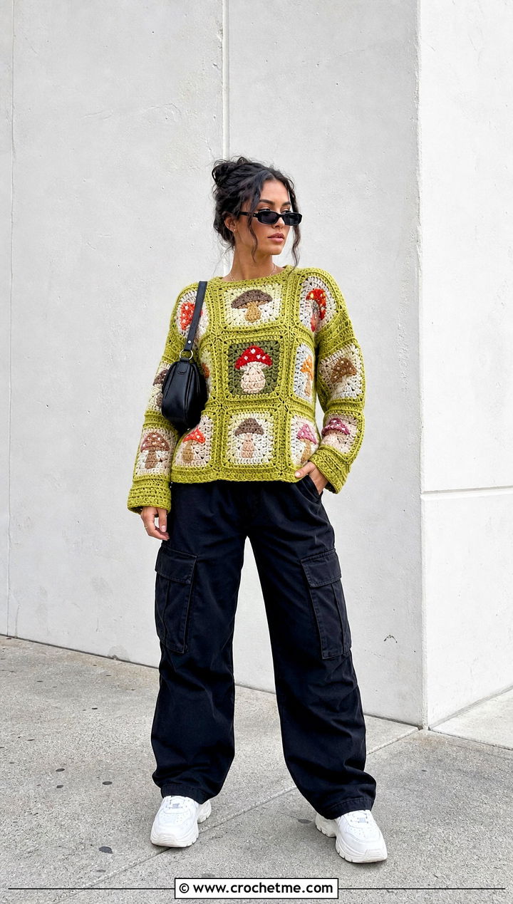 Granny Square Mushroom Crochet Sweater With Cargo Pants - 25 mushroom crochet sweater outfit ideas