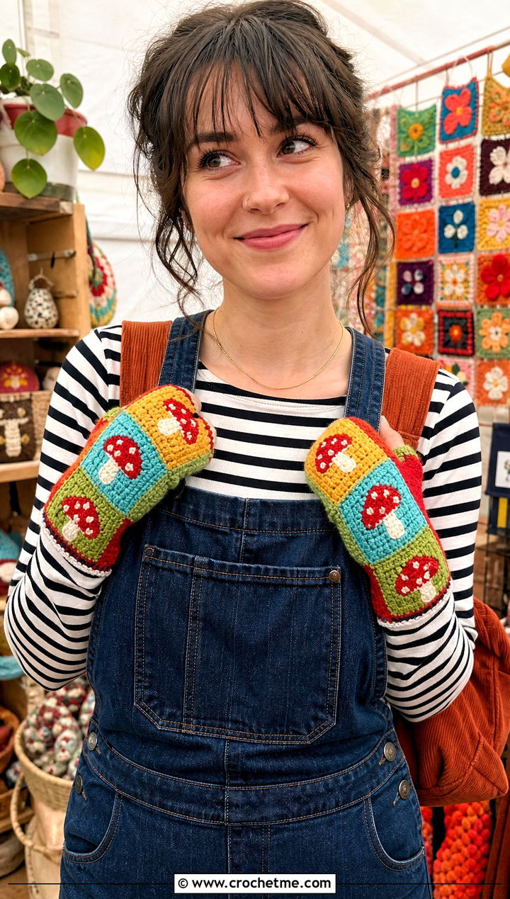 Granny Square Mushroom Gloves With Overalls - 20 Crochet Mushroom Gloves outfit ideas