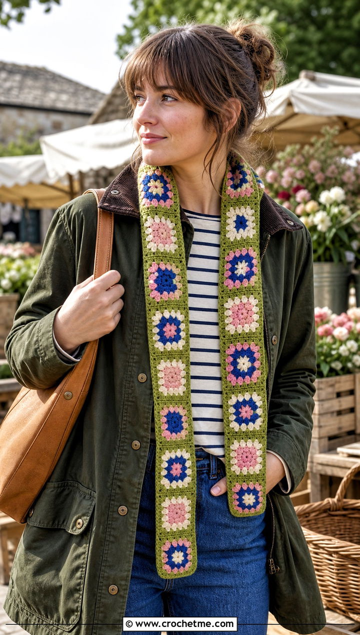 Granny Square Narrow Crochet Scarf With Barn Jacket - 25 Narrow Crochet Scarf outfit ideas