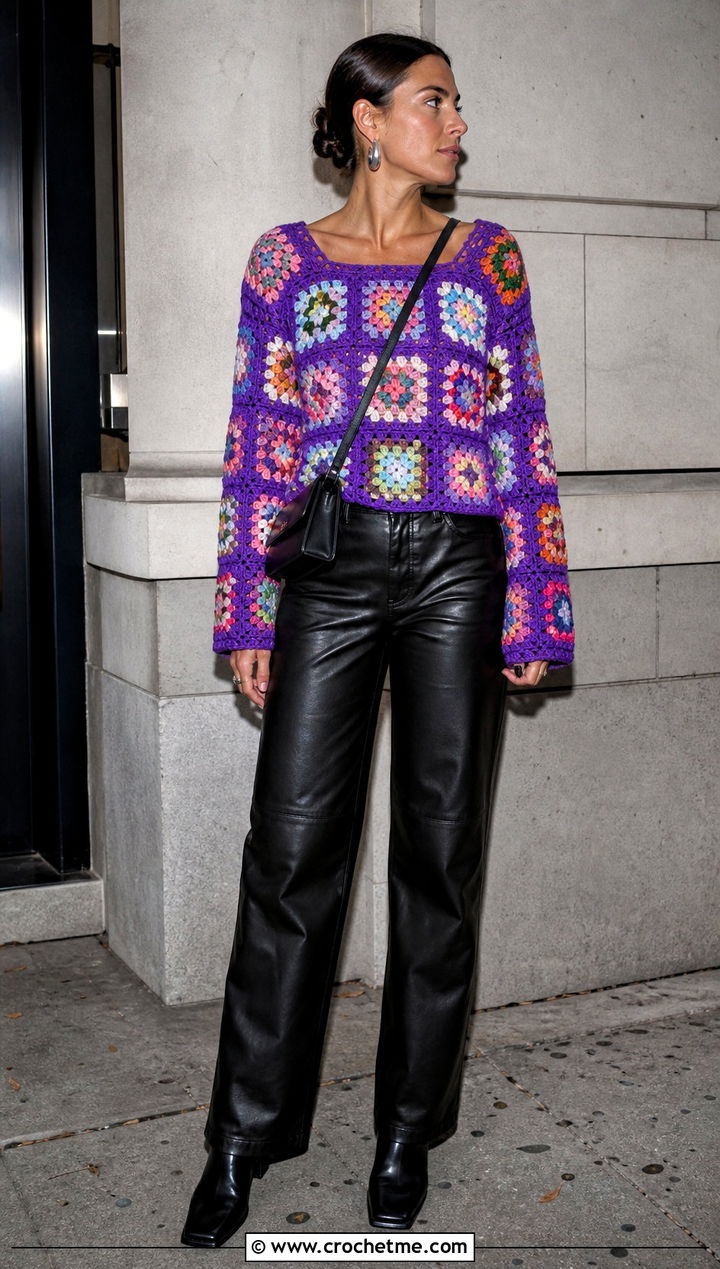 Granny Square Neck Crochet Sweater With Leather Pants - 15 Square Neck Crochet Sweater outfit ideas