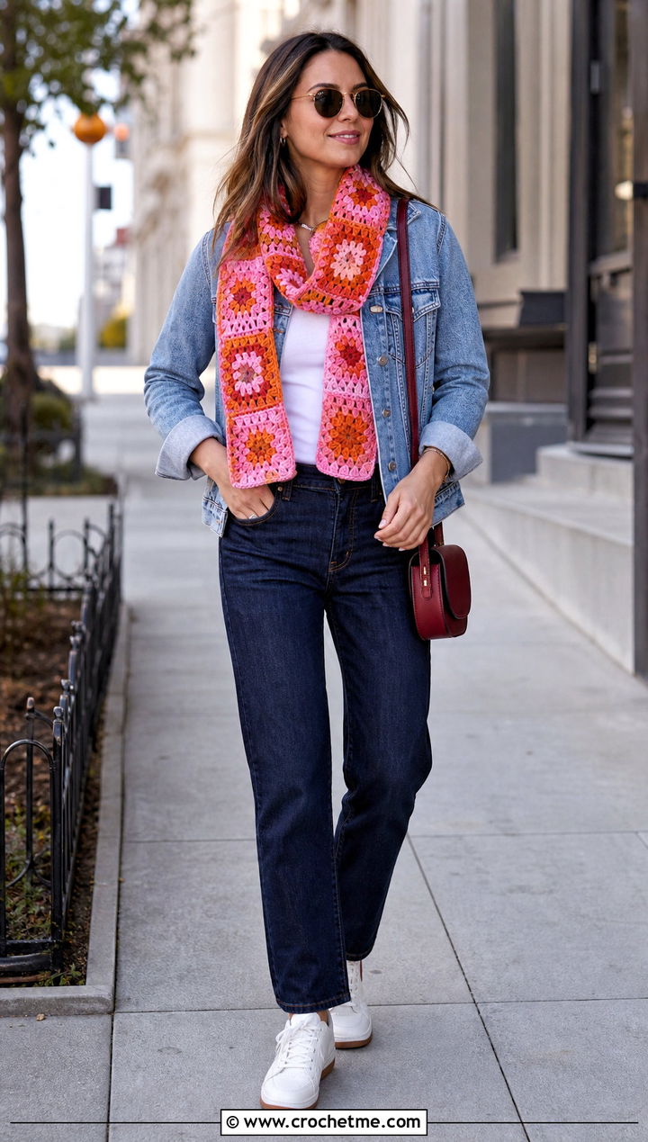 Granny Square Neck Scarf With Denim Jacket - 35 crochet neck scarf outfit ideas