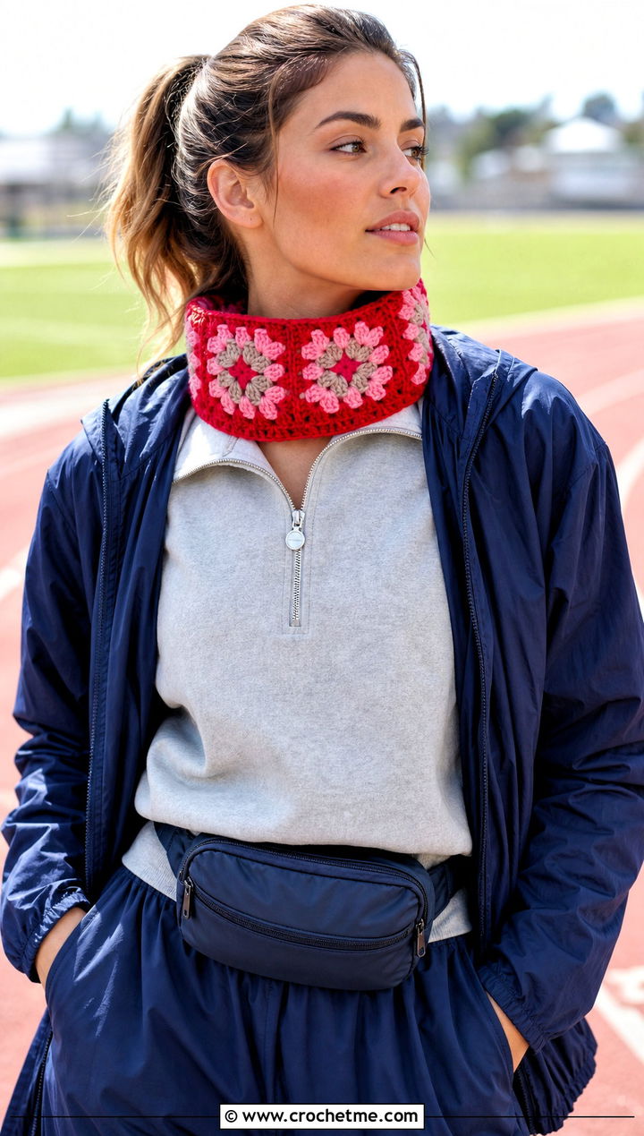 Granny Square Neck Warmer With Track Pants - 25 Granny Square Cowl outfit ideas