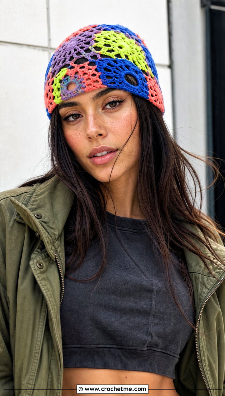Granny Square Net Hat With Cargo Pants - 25 crochet net hat outfit ideas