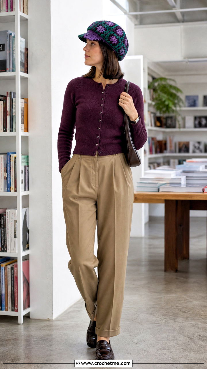 Granny Square Newsboy Cap With Cardigan And Pleated Trousers - 35 granny square hat outfit ideas