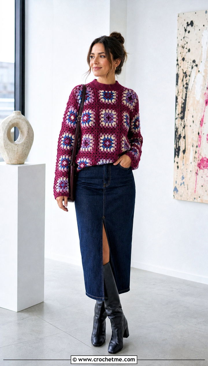 Granny Square Nordic Crochet Sweater With Denim Midi Skirt - 25 nordic crochet sweater outfit ideas