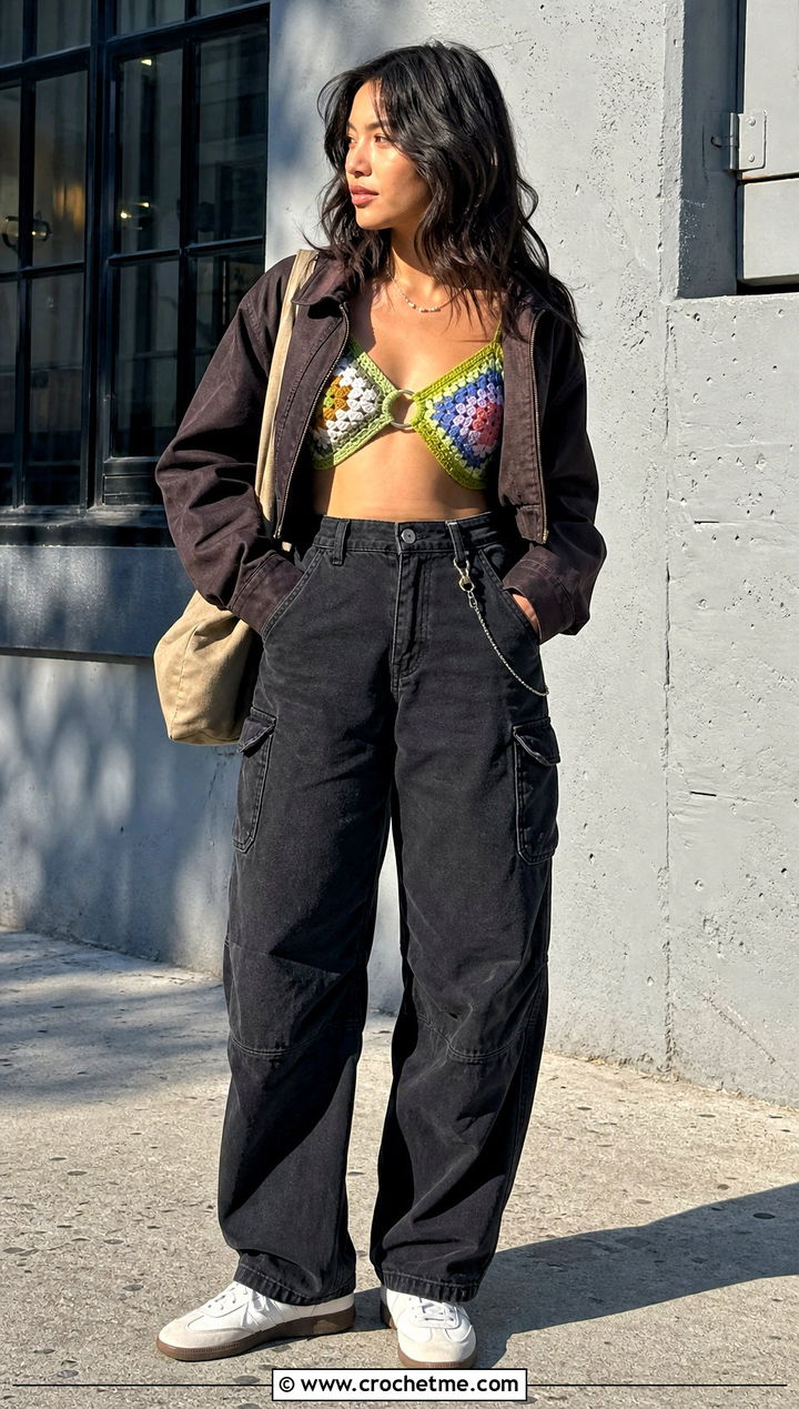 Granny Square O Ring Crochet Top With Utility Pants - 25 Crochet Top With Metal Ring outfit ideas