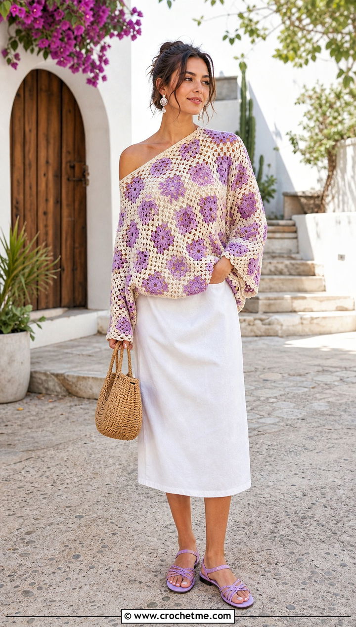 Granny Square Off Shoulder Cover Up With Midi Skirt - 35 granny square cover up outfit ideas