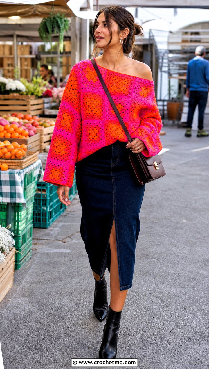 Granny Square Off The Shoulder Crochet Sweater With Denim Skirt - 30 off the shoulder crochet sweater outfit ideas