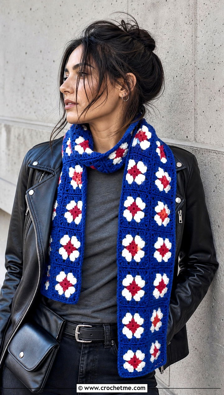 Granny Square One Ball Crochet Scarf With Leather Jacket - 15 one ball crochet scarf outfit ideas