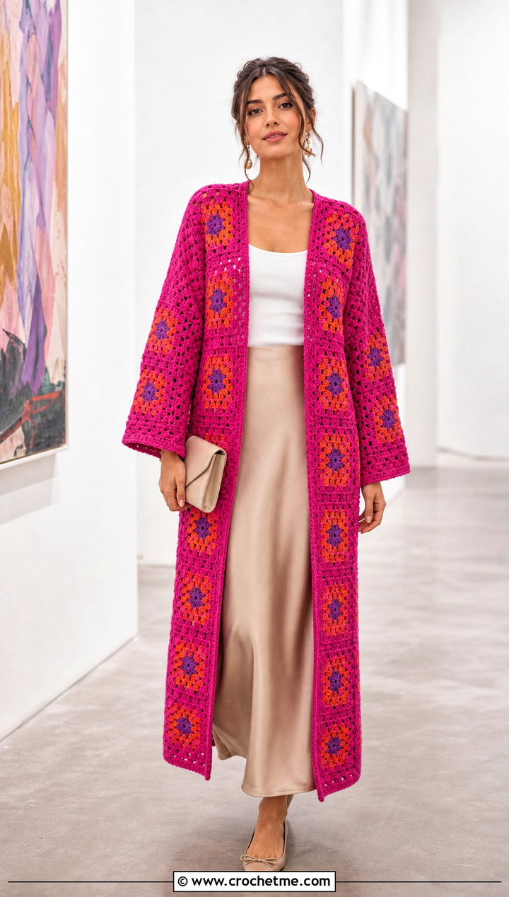 Granny Square One Piece Crochet Cardigan With Satin Slip Skirt - 35 one piece crochet cardigan outfit ideas
