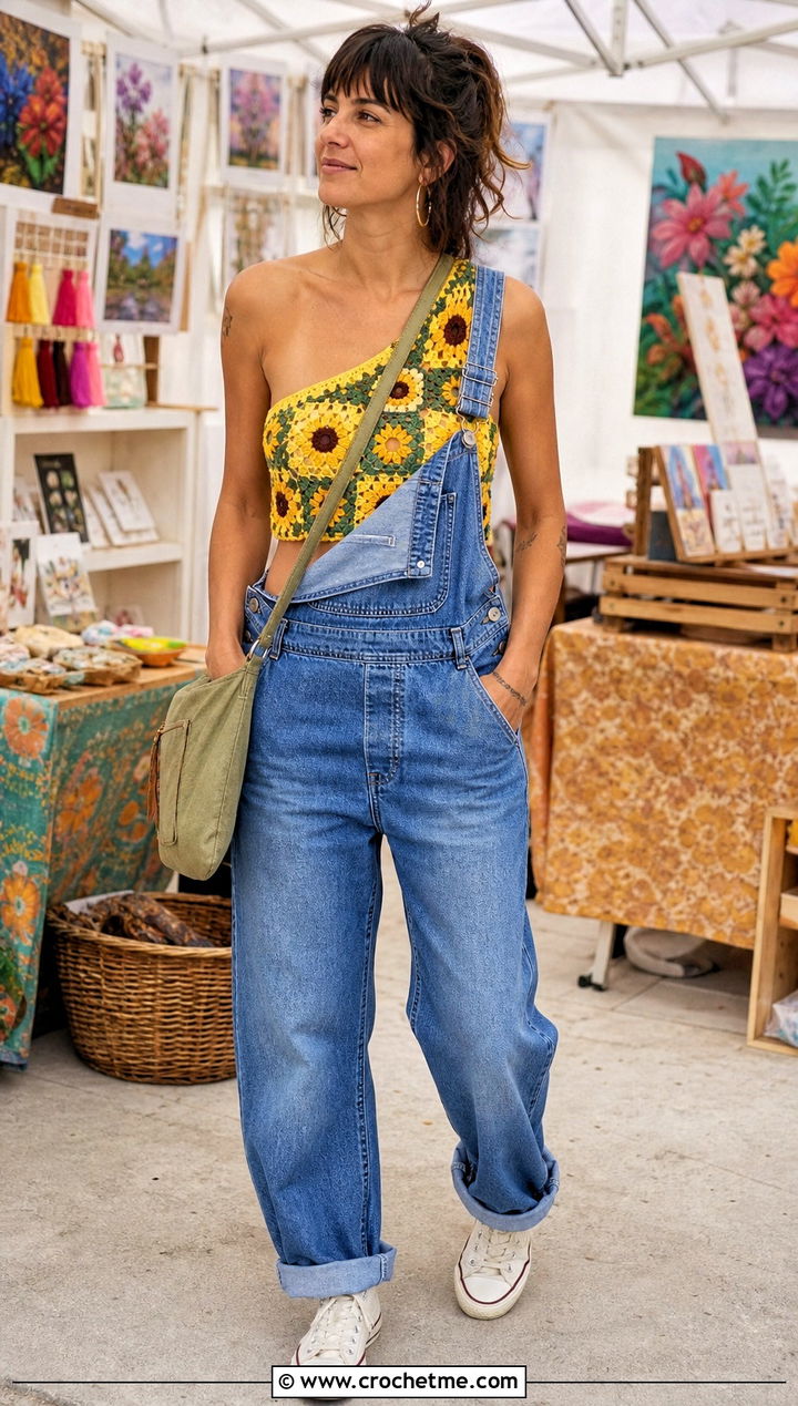 Granny Square One Shoulder Crochet Top With Denim Overalls - 35 one shoulder crochet top outfit ideas