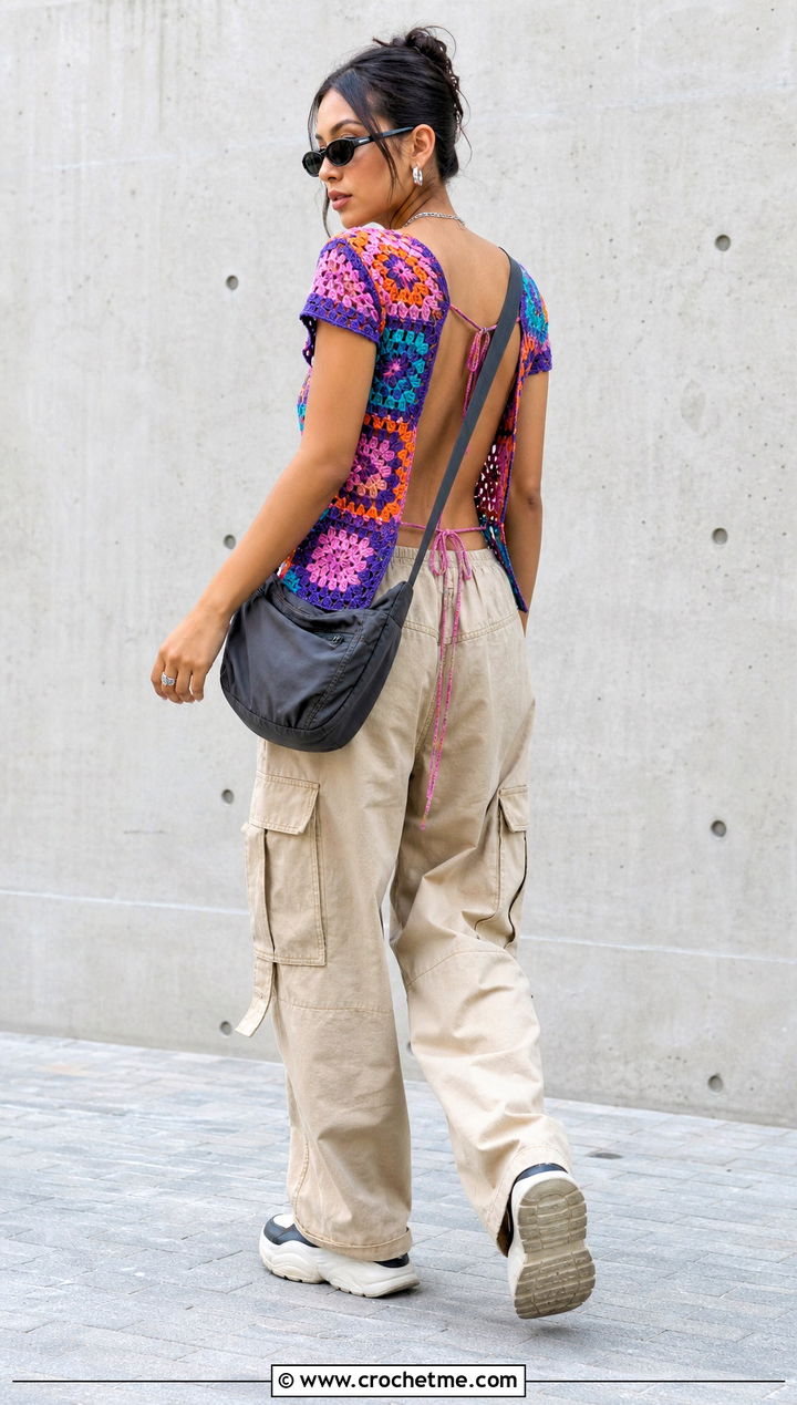Granny Square Open Back Crochet Top With Cargo Pants - 15 crochet top with back cutout outfit ideas