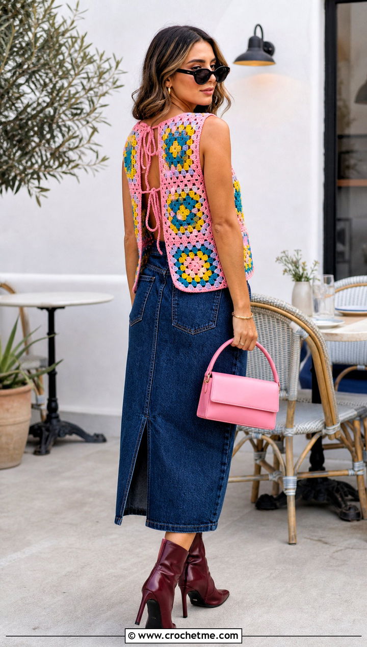 Granny Square Open Back Crochet Vest With Denim Midi Skirt - 15 crochet open back vest outfit ideas