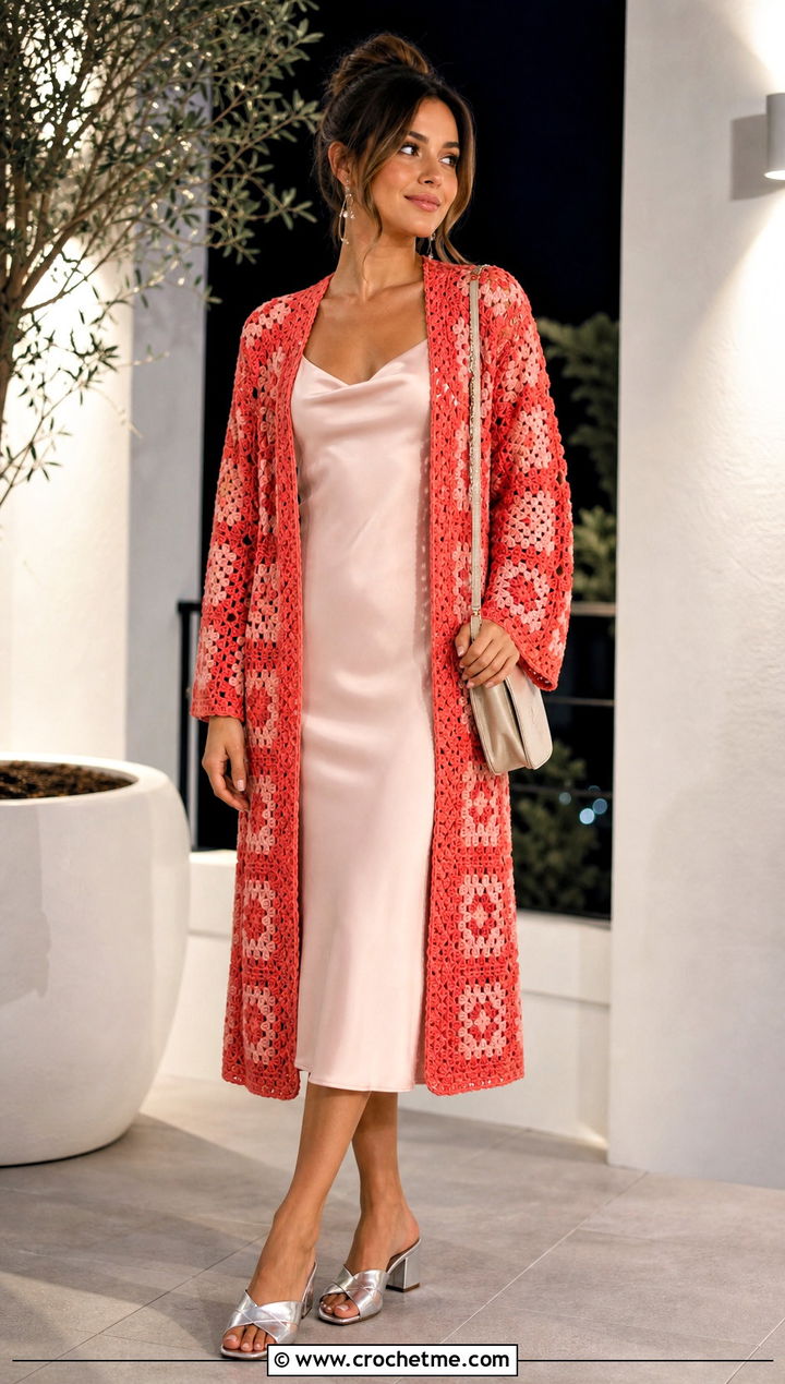 Granny Square Open Front Cover Up With Slip Dress - 35 granny square cover up outfit ideas
