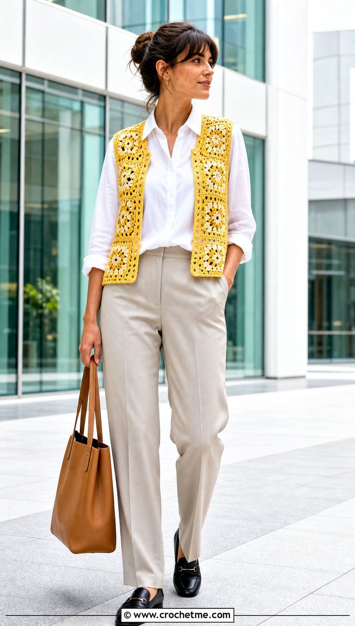 Granny Square Open Front Crochet Vest With White Shirt And Trousers - 25 crochet open front vest outfit ideas
