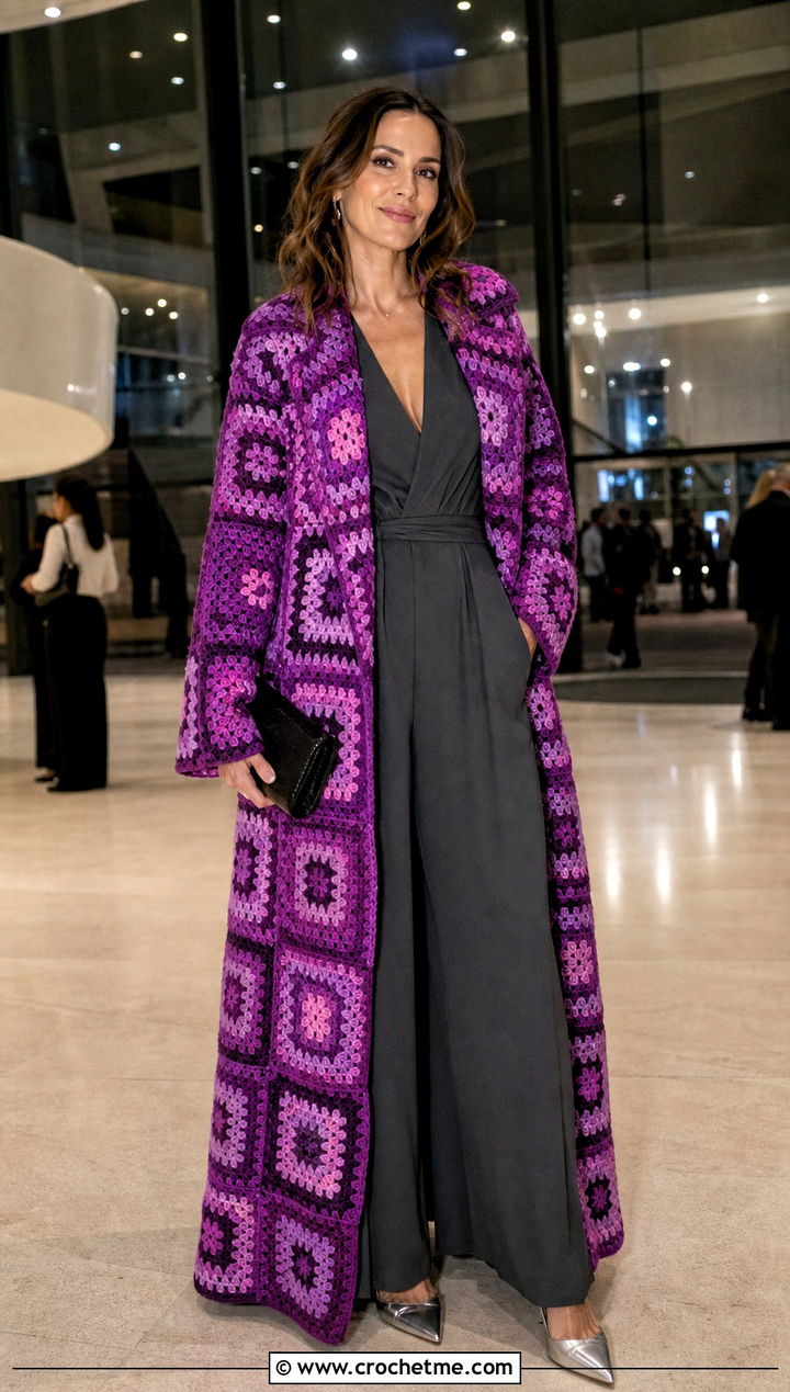 Granny Square Opera Coat With Evening Jumpsuit - 30 granny square coat outfit ideas