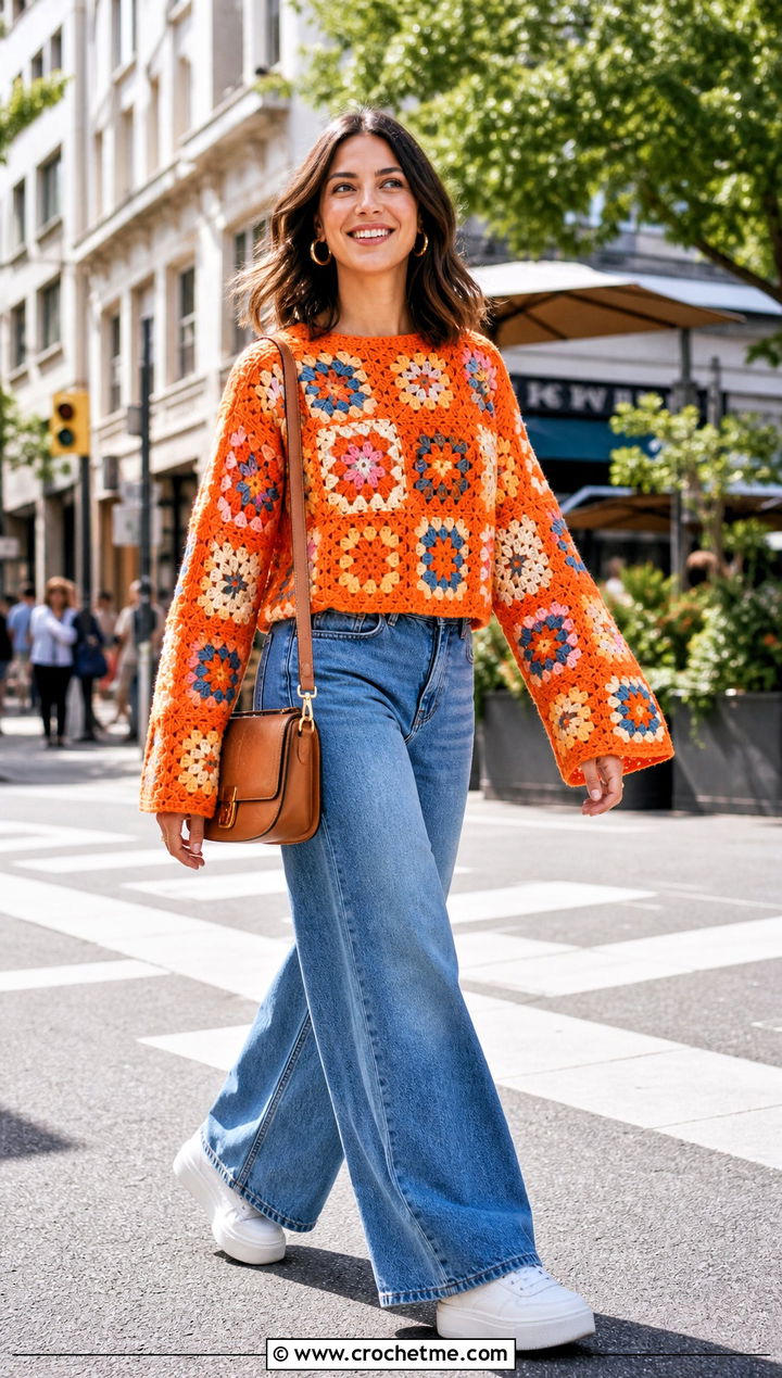 Granny Square Orange Crochet Sweater With Wide Leg Jeans - 15 orange crochet sweater design outfit ideas
