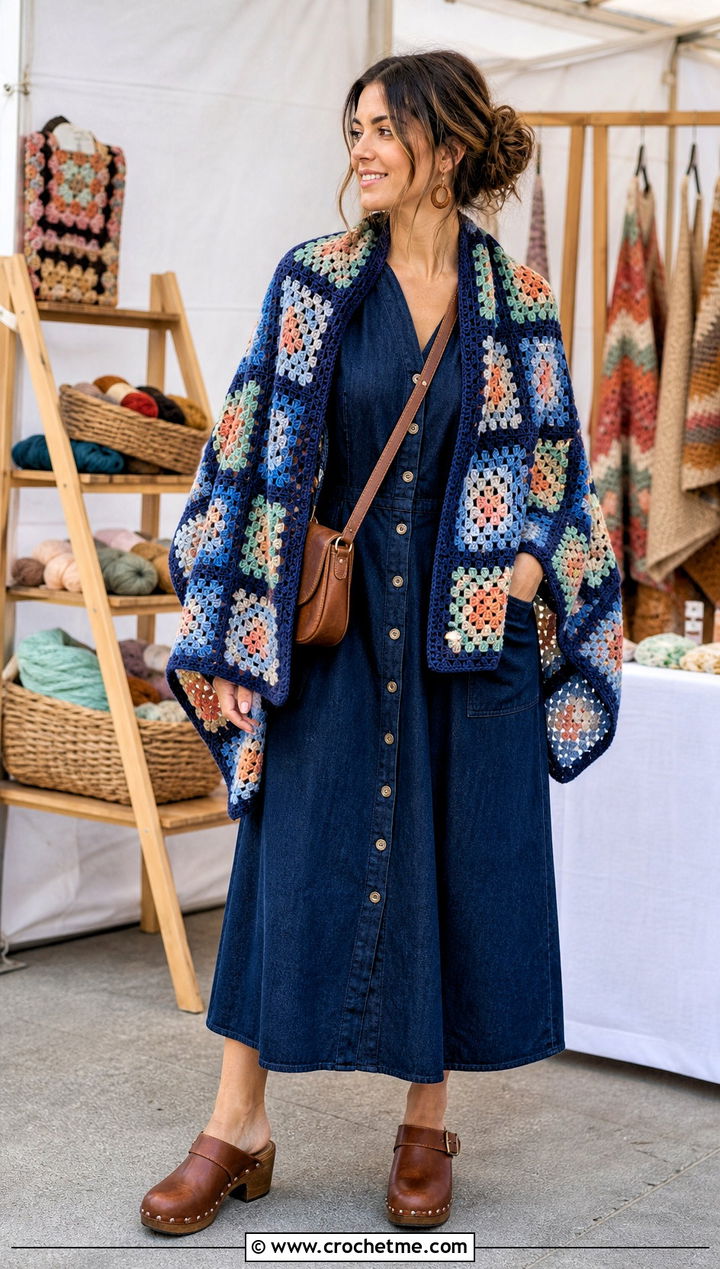 Granny Square Outlander Shawl With Denim Dress - 35 crochet outlander shawl outfit ideas