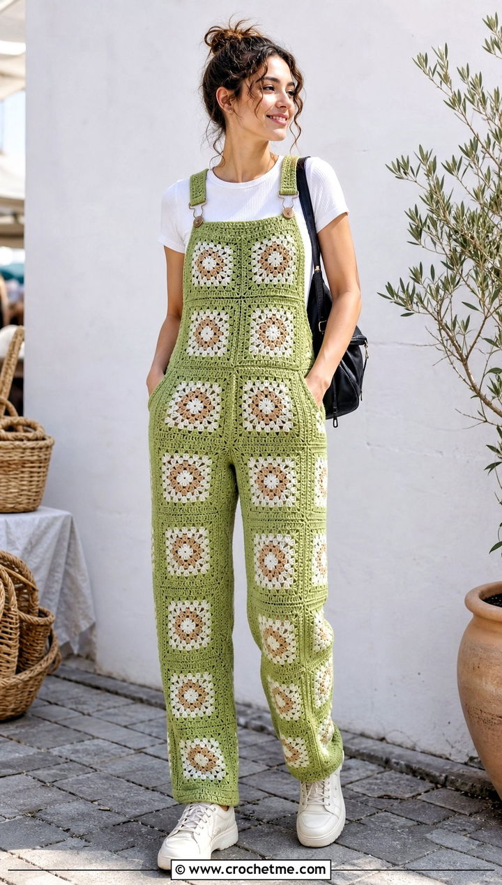 Granny Square Overalls With Baby Tee - 30 crochet granny square clothing and outfit ideas