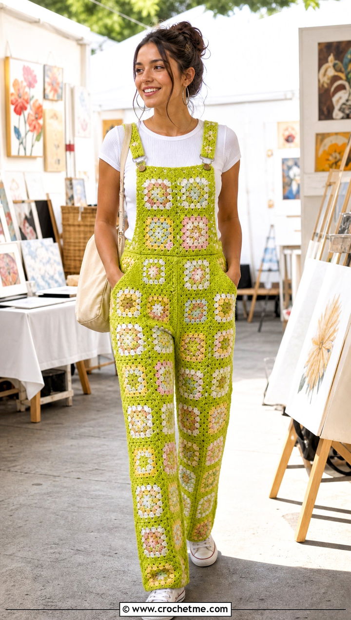 Granny Square Overalls With Ribbed T Shirt - 35 Granny Square Clothing Ideas