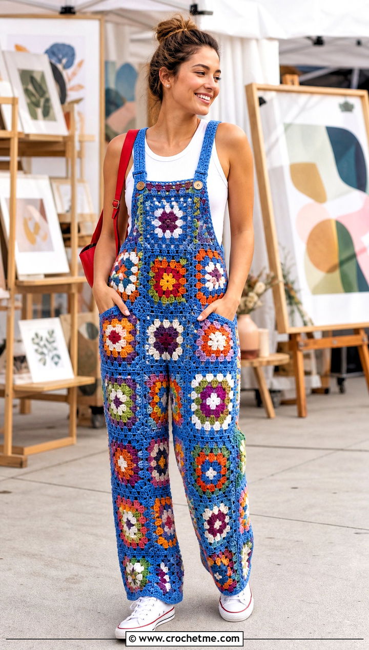 Granny Square Overalls With Ribbed Tank - 25 Crochet Clothes With Granny Squares outfit ideas
