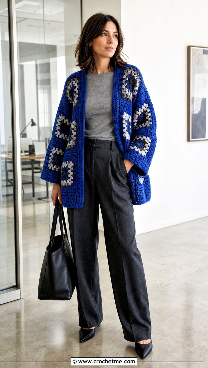 Granny Square Oversized Chunky Crochet Cardigan With Tailored Trousers - 25 oversized chunky crochet cardigan outfit ideas