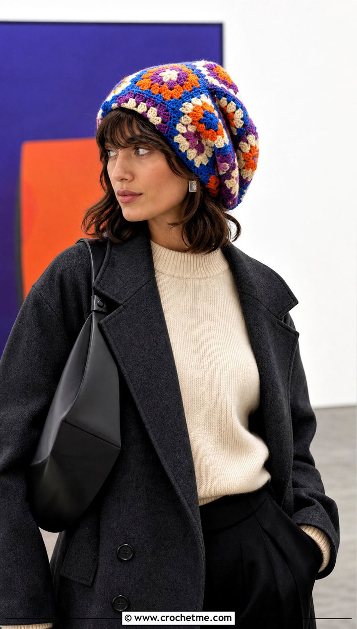 Granny Square Oversized Crochet Beanie With Maxi Coat - 15 Oversized Crochet Beanie outfit ideas