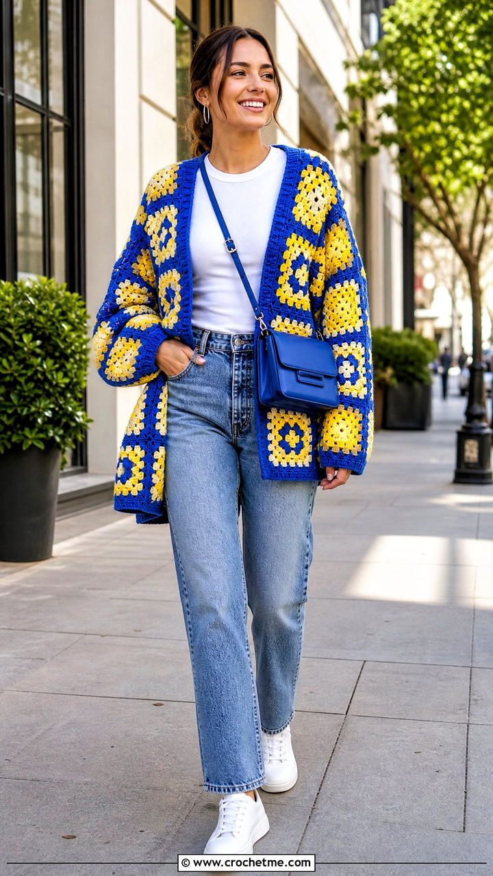 Granny Square Oversized Crochet Cardigan With Straight Jeans - 35 oversized crochet cardigan outfit ideas