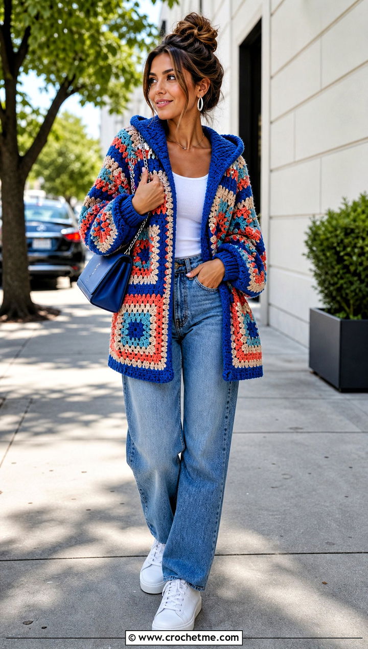 Granny Square Oversized Crochet Hoodie With Straight Leg Jeans - 20 oversized crochet hoodie outfit ideas