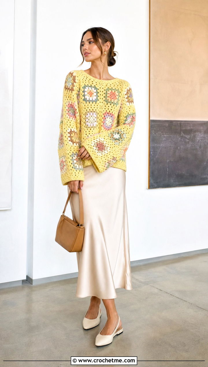Granny Square Oversized Crochet Jumper With Satin Midi Skirt - 25 oversized crochet jumper outfit ideas