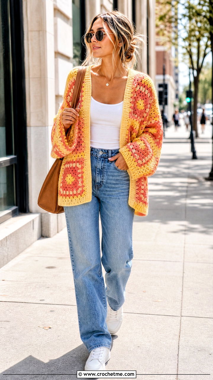 Granny Square Oversized Crochet Sweater With Straight Jeans - 35 oversized crochet sweater outfit ideas