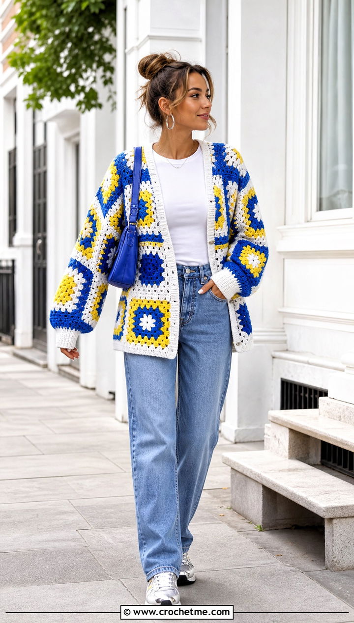 Granny Square Oversized Patchwork Crochet Cardigan With Straight Leg Jeans - 15 oversized patchwork crochet cardigan outfit ideas