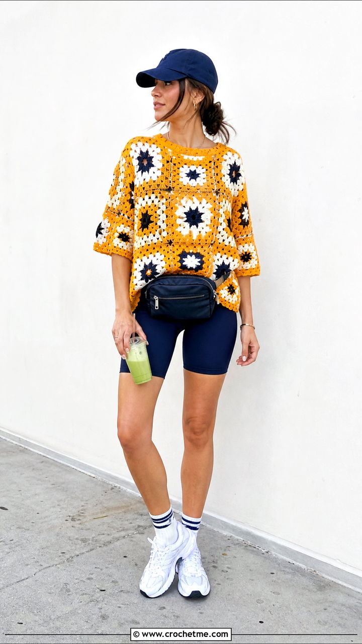 Granny Square Oversized Tee With Biker Shorts - 35 crochet granny square tops outfit ideas