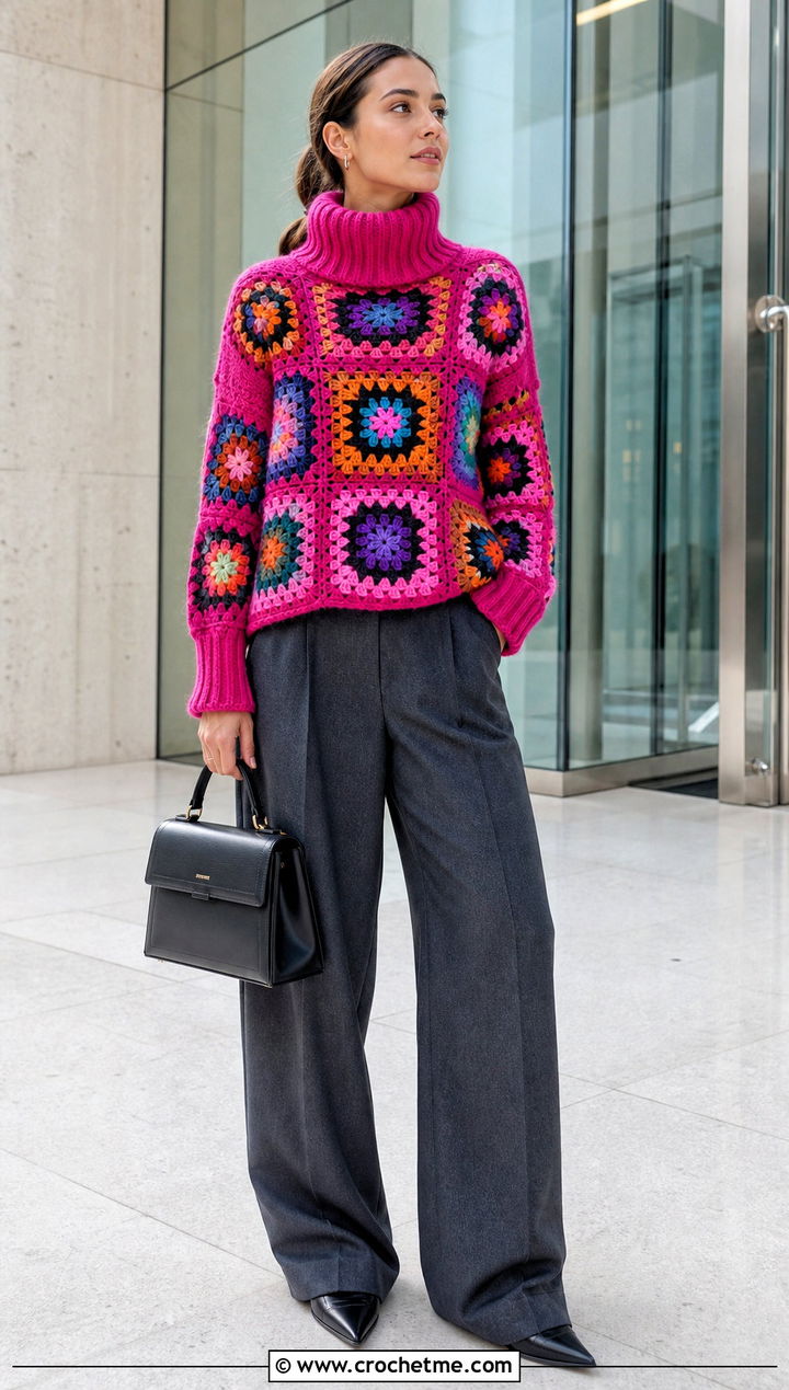 Granny Square Oversized Turtleneck Crochet Sweater With Tailored Trousers - 15 oversized turtleneck crochet sweater outfit ideas