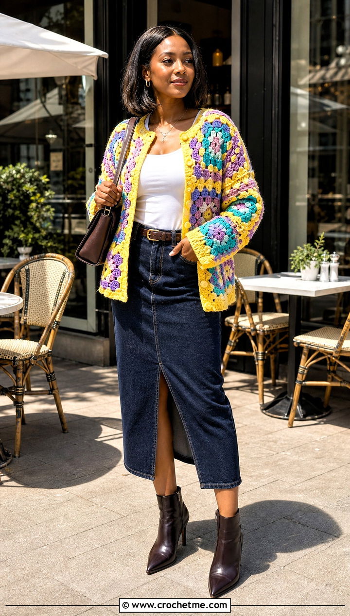 Granny Square Panel African Flower Crochet Cardigan With Denim Midi Skirt - 30 african flower crochet cardigan outfit ideas
