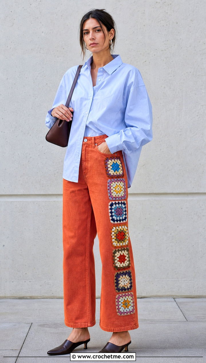 Granny Square Panel Jeans With Oxford Shirt - 15 Crochet Clothes With Fabric outfit ideas