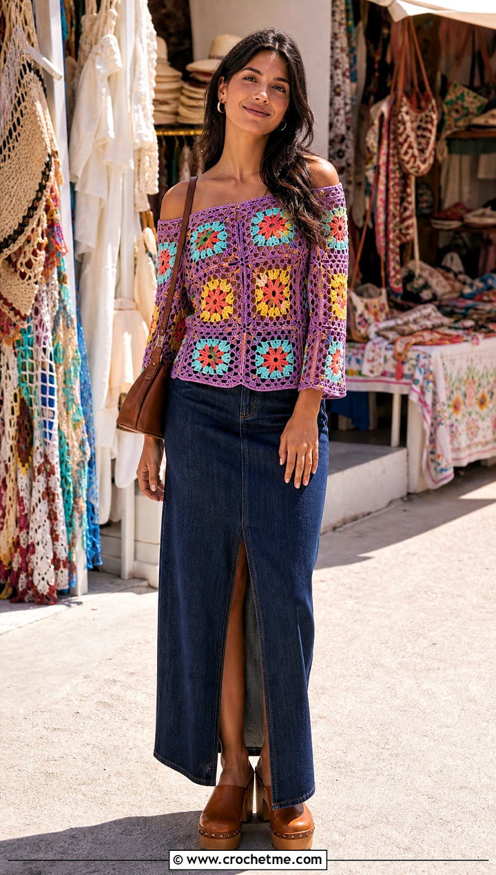 Granny Square Panel Mesh Off Shoulder Top With Denim Maxi Skirt - 25 crochet mesh off shoulder top outfit ideas