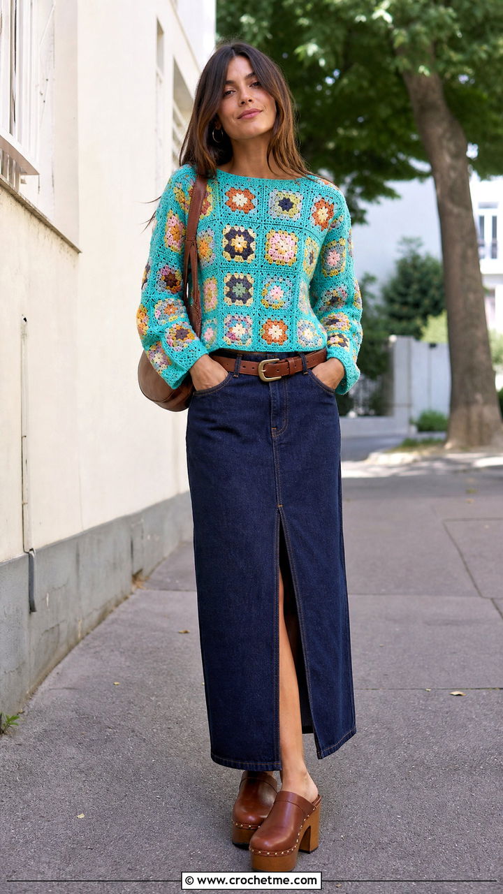 Granny Square Panel Sweater With Denim Maxi Skirt - 35 crochet granny stitch sweater outfit ideas
