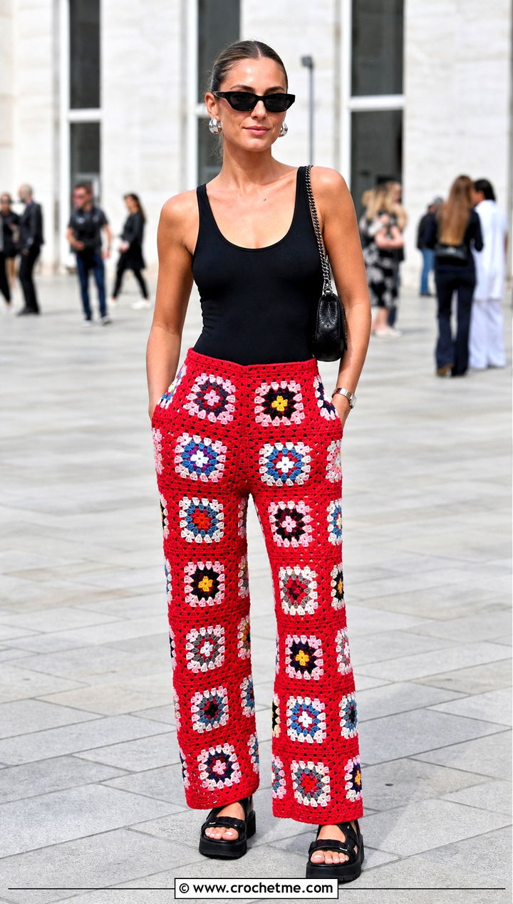 Granny Square Pants With Fitted Bodysuit - 25 Crochet Clothes With Granny Squares outfit ideas