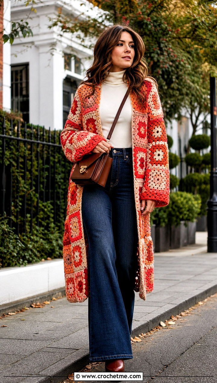 Granny Square Patchwork Cardigan Coat With Flare Jeans - 30 Granny Square Patchwork Cardigan outfit ideas