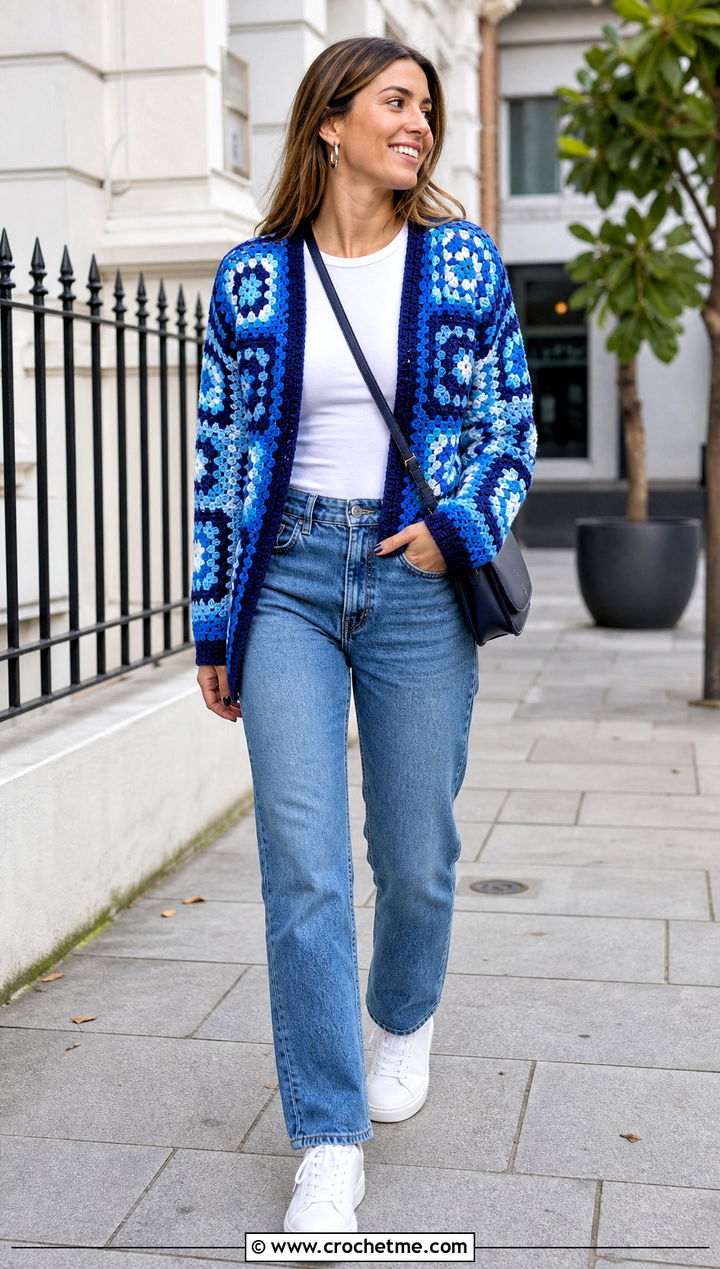 Granny Square Patchwork Cardigan With Straight Leg Jeans - 30 crochet patch work cardigan outfit ideas