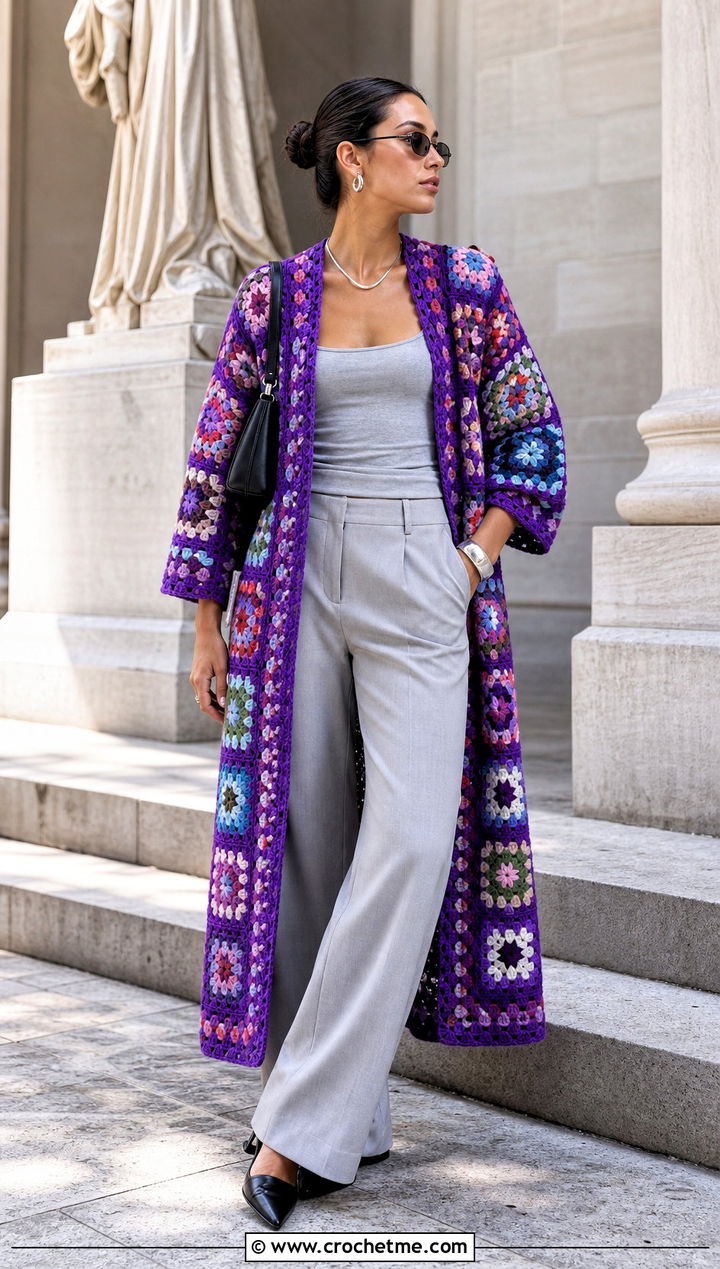 Granny Square Patchwork Cover Up With Monochrome Outfit - 35 granny square cover up outfit ideas