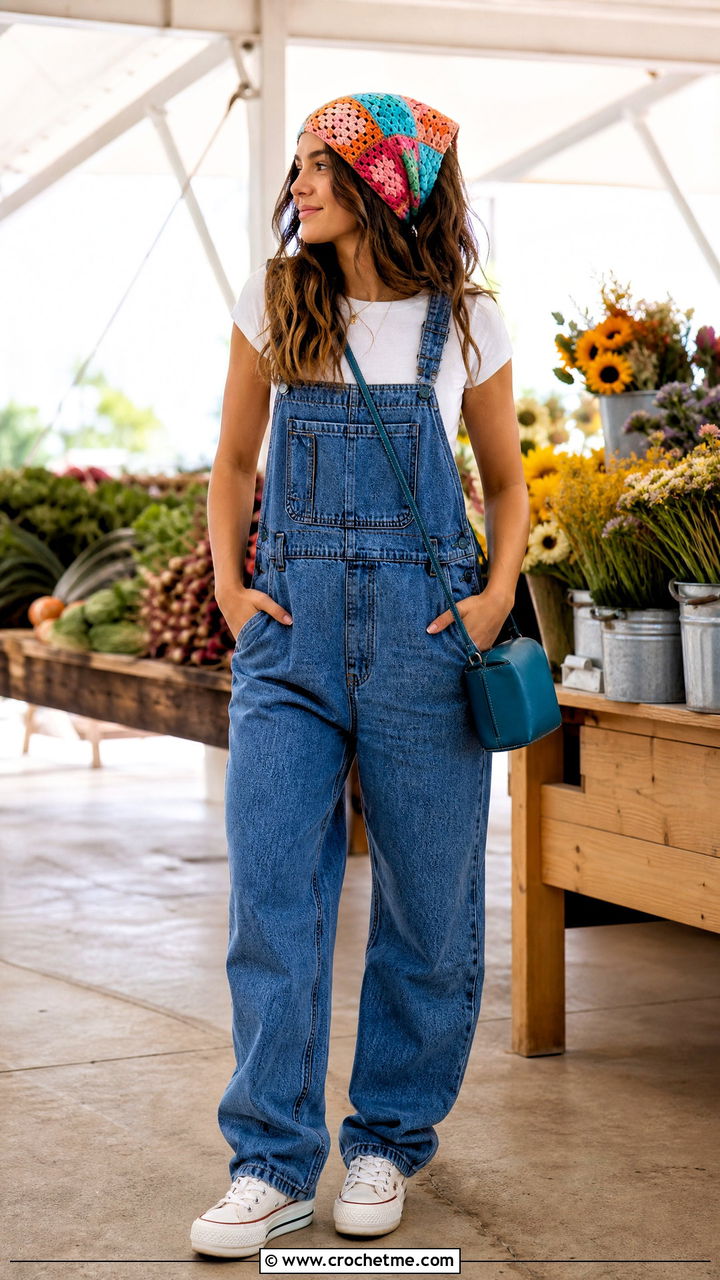Granny Square Patchwork Crochet Bandana Scarf With Denim Overalls - 35 crochet bandana scarf outfit ideas