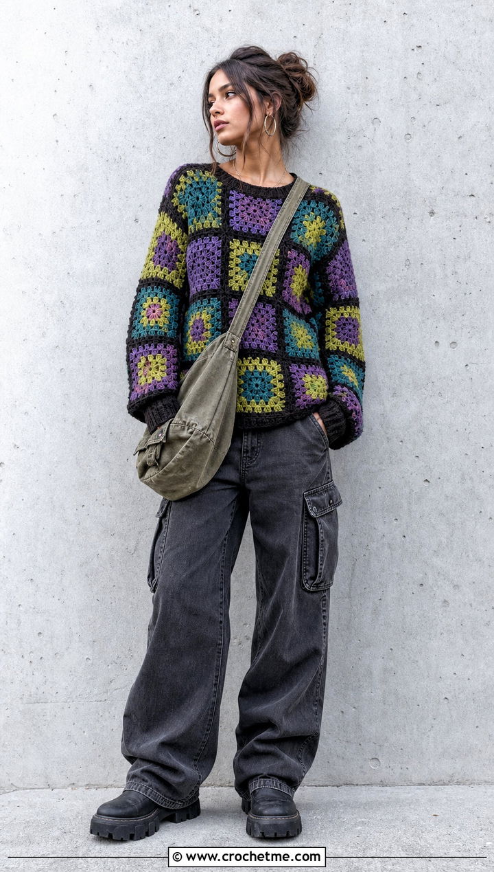 Granny Square Patchwork Crochet Grunge Sweater With Cargo Pants - 30 crochet grunge sweater outfit ideas