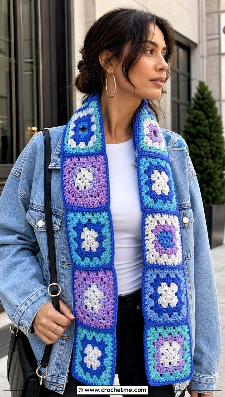 Granny Square Patchwork Crochet Scarf With Denim Jacket - 15 Patchwork Crochet Scarf outfit ideas