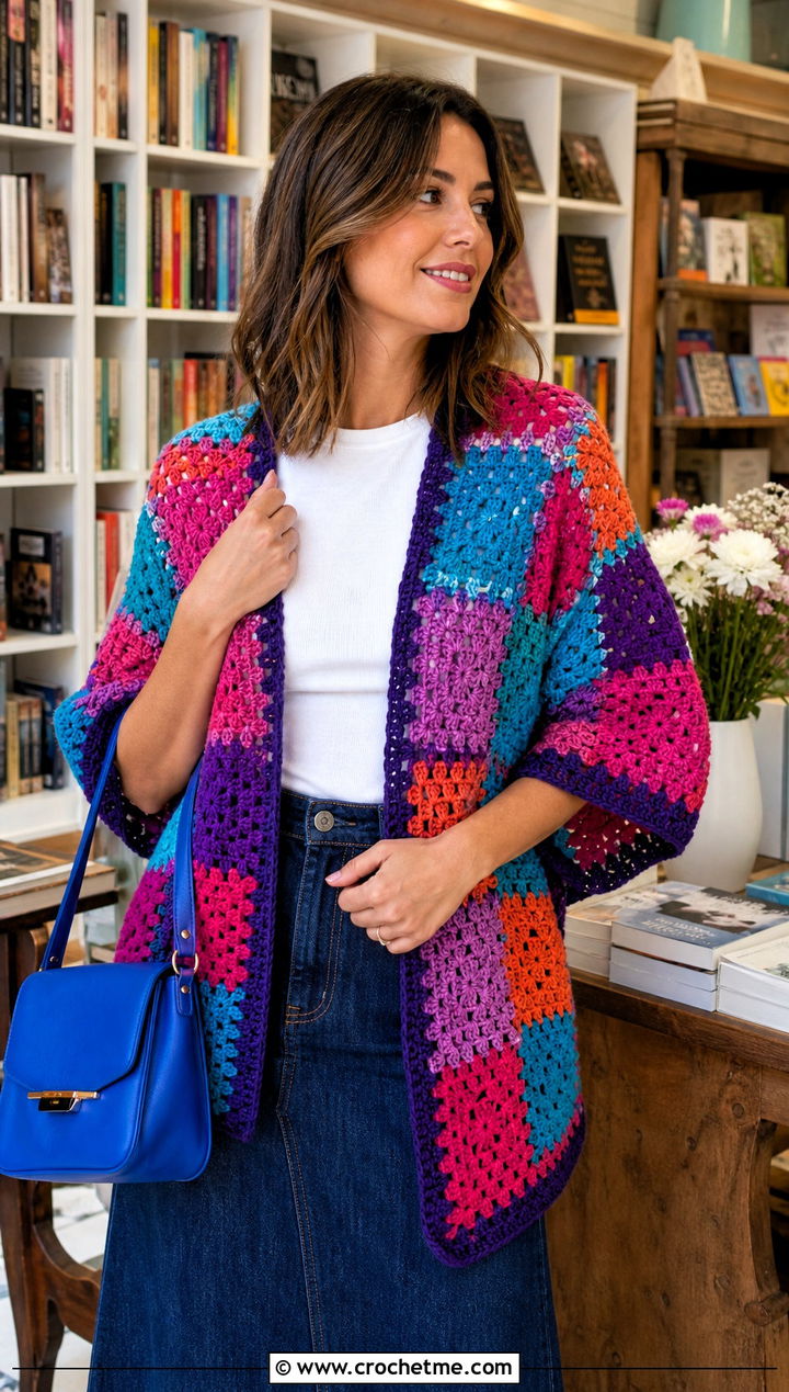 Granny Square Patchwork Crochet Shawl With A Denim Skirt - 15 bright crochet shawl outfit ideas